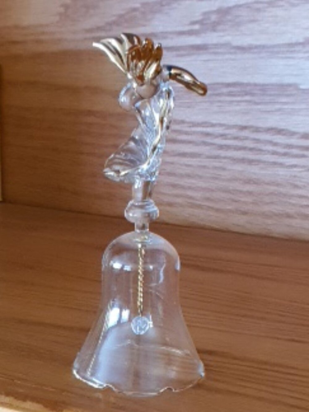 Hand Blown Bell Clear Glass Hummingbird 22K Gold Trim Art Glass Flower Bell 4"